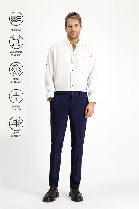 Medium Navy Techno-Line 7 Drop Slim Fit Classic Fabric Trousers with Lycra Knit