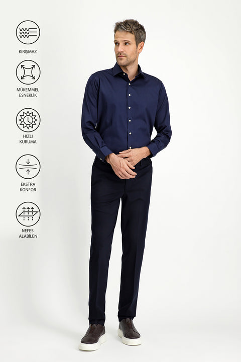 Dark Navy Techno-Line 7 Drop Slim Fit Classic Fabric Trousers with Lycra Knit