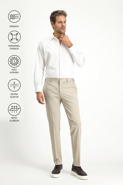 Light Beige Techno-Line 7 Drop Slim Fit Classic Fabric Trousers with Lycra Knit