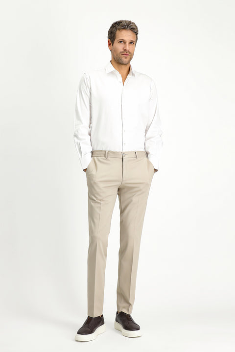 Light Beige Techno-Line 7 Drop Slim Fit Classic Fabric Trousers with Lycra Knit