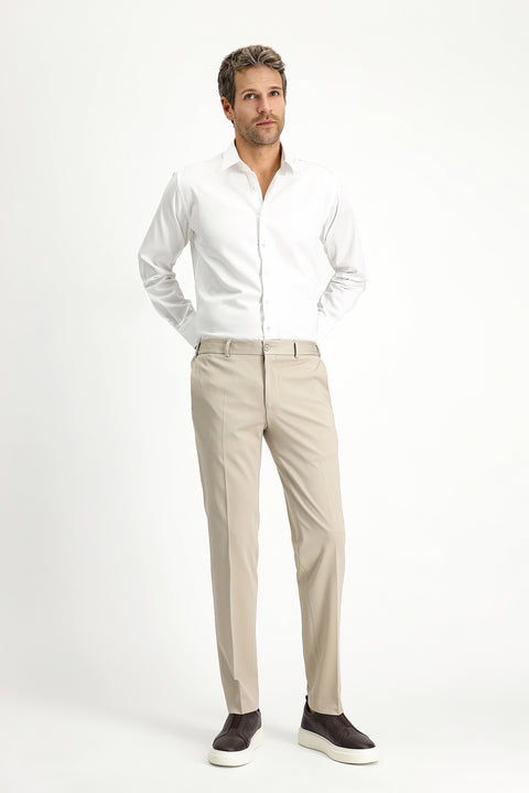Light Beige Techno-Line 7 Drop Slim Fit Classic Fabric Trousers with Lycra Knit
