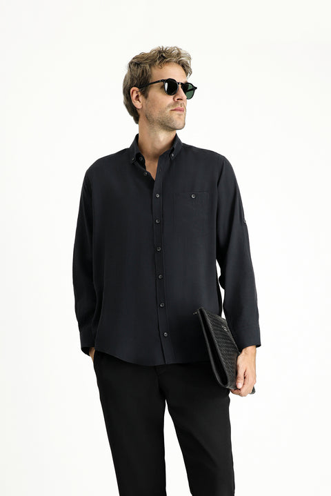 Black Long Sleeve Regular Fit Button-Down Collar Sport Shirt