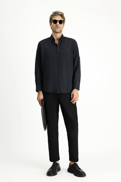 Black Long Sleeve Regular Fit Button-Down Collar Sport Shirt