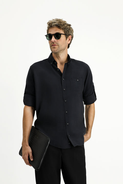 Black Long Sleeve Regular Fit Button-Down Collar Sport Shirt