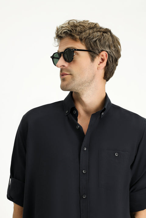 Black Long Sleeve Regular Fit Button-Down Collar Sport Shirt