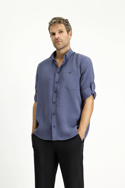 Indigo Long Sleeve Regular Fit Button-Down Collar Sport Shirt
