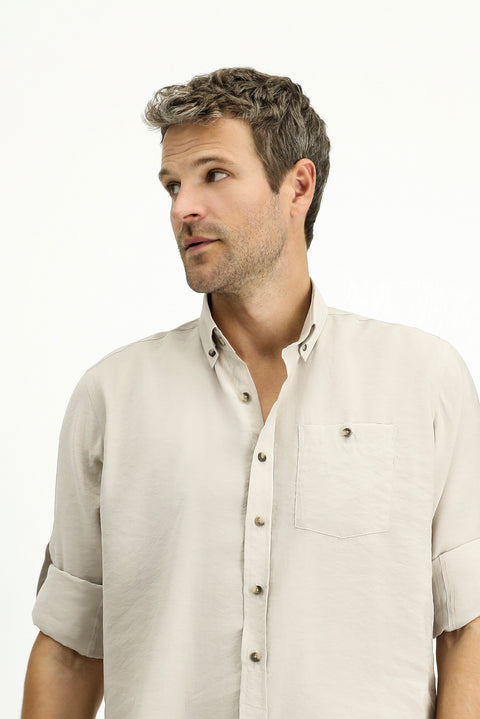 Medium Beige Long Sleeve Regular Fit Button-Down Collar Sport Shirt