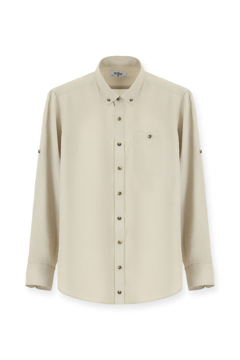 Medium Beige Long Sleeve Regular Fit Button-Down Collar Sport Shirt