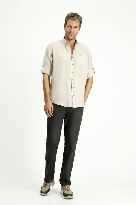 Medium Beige Long Sleeve Regular Fit Button-Down Collar Sport Shirt