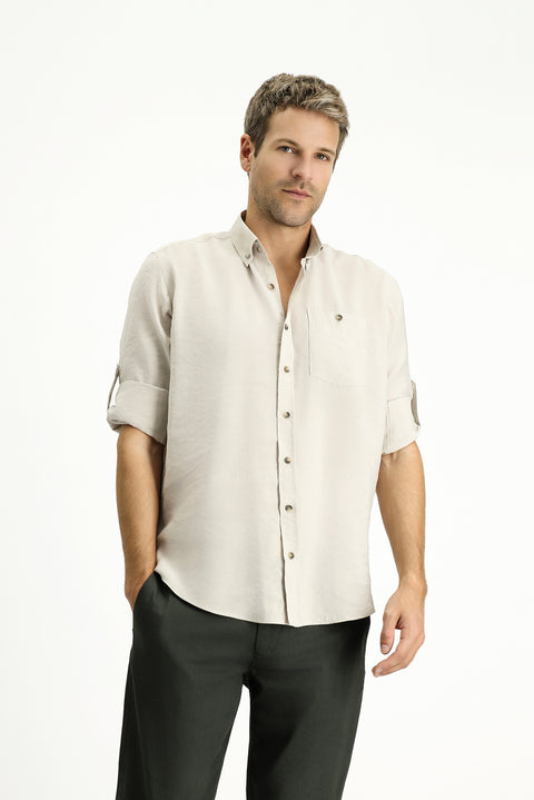 Medium Beige Long Sleeve Regular Fit Button-Down Collar Sport Shirt