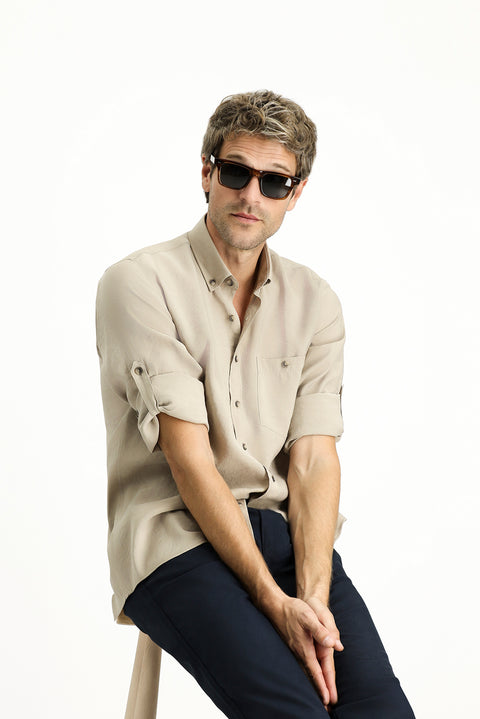 Dark Beige Long Sleeve Regular Fit Button-Down Collar Sport Shirt
