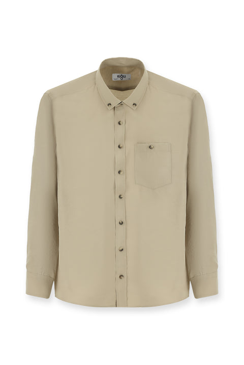 Dark Beige Long Sleeve Regular Fit Button-Down Collar Sport Shirt