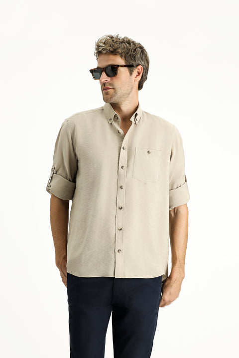 Dark Beige Long Sleeve Regular Fit Button-Down Collar Sport Shirt
