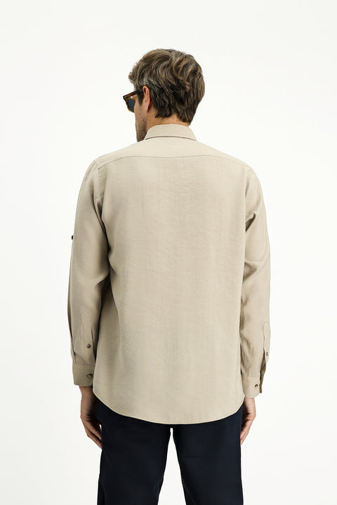 Dark Beige Long Sleeve Regular Fit Button-Down Collar Sport Shirt