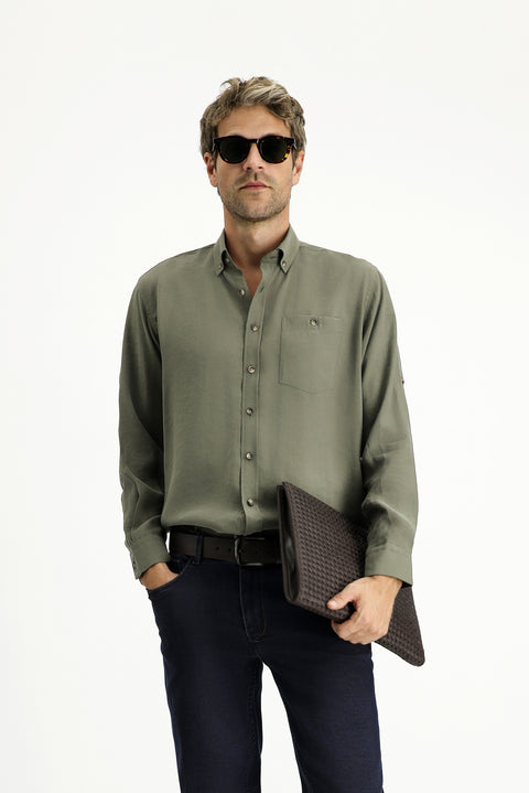 Medium Khaki Long Sleeve Regular Fit Button-Down Collar Sport Shirt