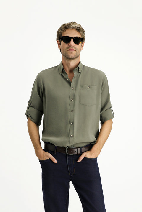 Medium Khaki Long Sleeve Regular Fit Button-Down Collar Sport Shirt