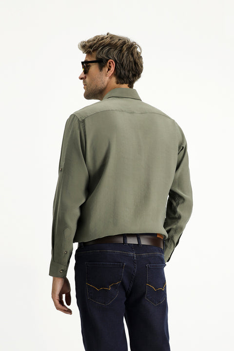Medium Khaki Long Sleeve Regular Fit Button-Down Collar Sport Shirt