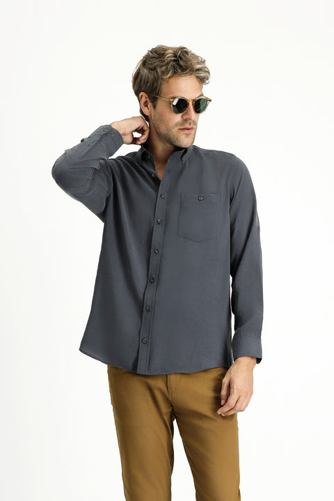 Medium Anthracite Long Sleeve Regular Fit Button-Down Collar Sport Shirt