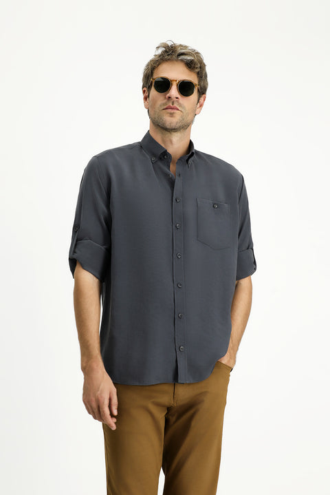 Medium Anthracite Long Sleeve Regular Fit Button-Down Collar Sport Shirt