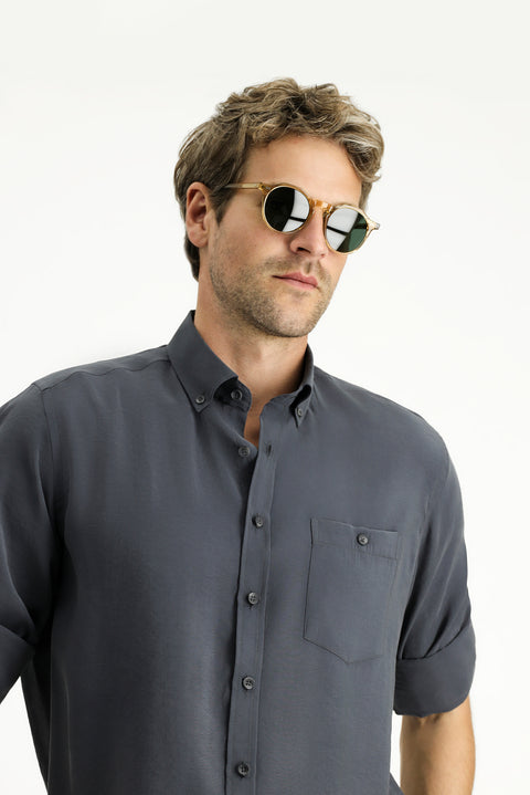 Medium Anthracite Long Sleeve Regular Fit Button-Down Collar Sport Shirt