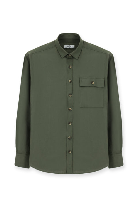 Medium Khaki Long Sleeve Oversize Patterned Cotton Shirt / Jacket