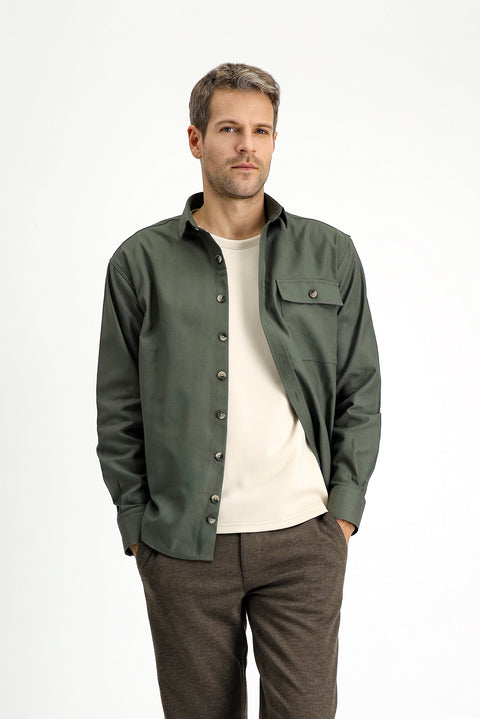 Medium Khaki Long Sleeve Oversize Patterned Cotton Shirt / Jacket