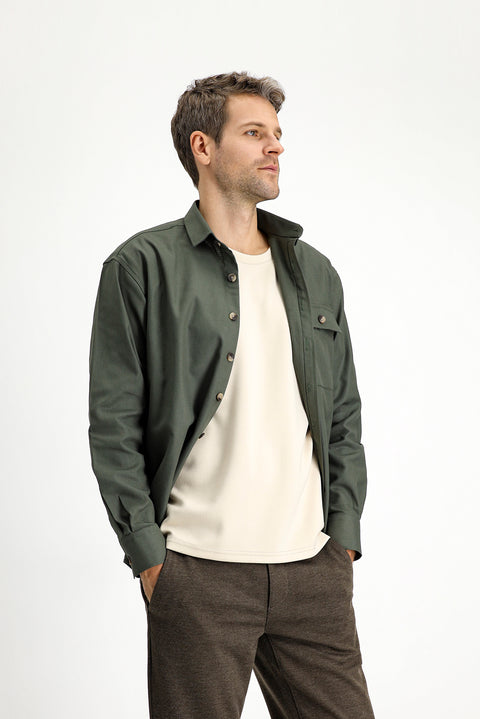 Medium Khaki Long Sleeve Oversize Patterned Cotton Shirt / Jacket