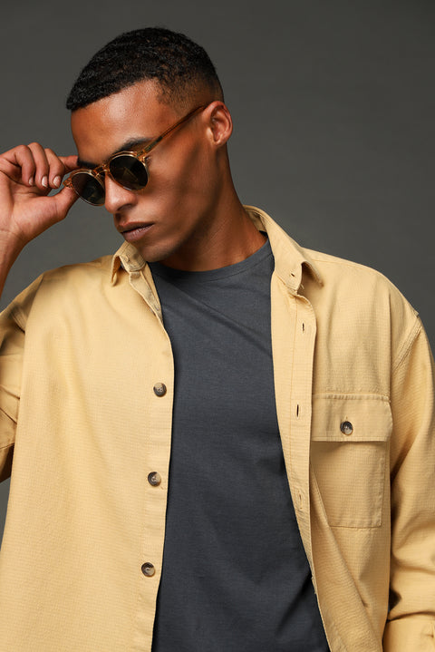 Mustard Yellow Long Sleeve Oversize Patterned Cotton Shirt / Jacket