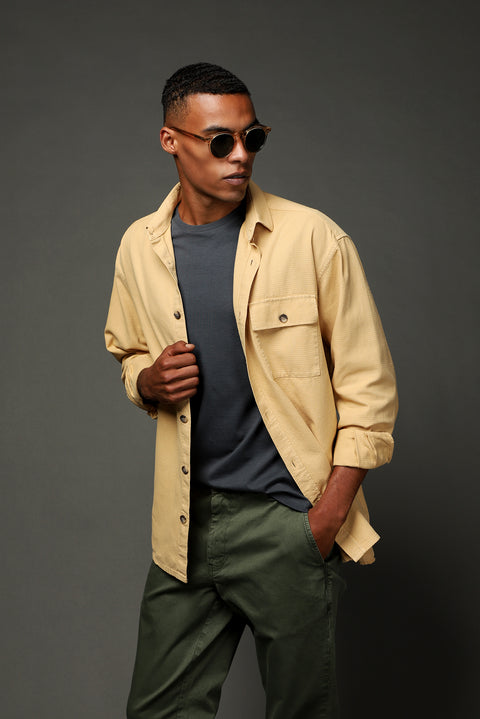 Mustard Yellow Long Sleeve Oversize Patterned Cotton Shirt / Jacket