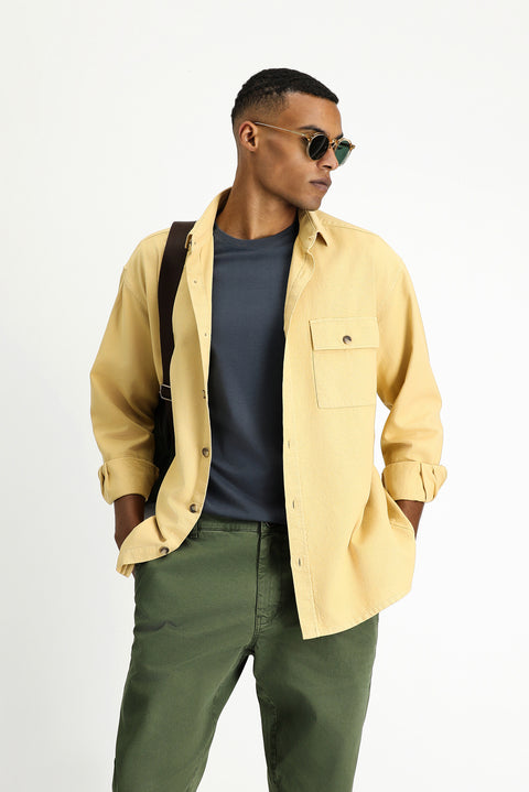 Mustard Yellow Long Sleeve Oversize Patterned Cotton Shirt / Jacket