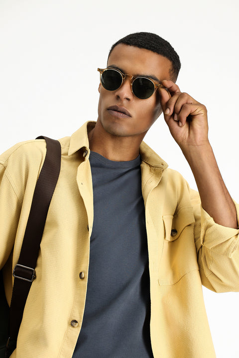 Mustard Yellow Long Sleeve Oversize Patterned Cotton Shirt / Jacket
