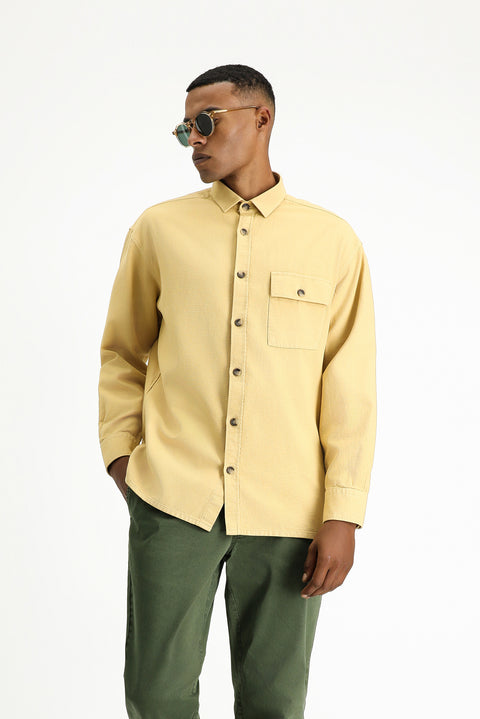 Mustard Yellow Long Sleeve Oversize Patterned Cotton Shirt / Jacket