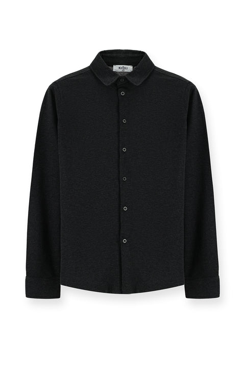 Dark Anthracite Melange Long Sleeve Regular Fit Striped Knitted Cotton Shirt