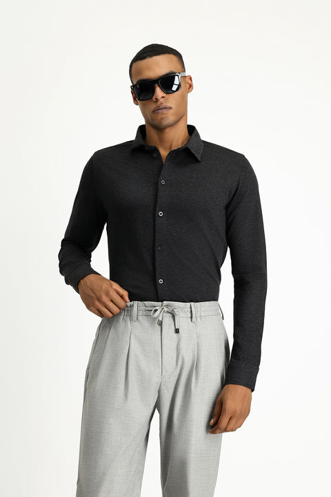 Dark Anthracite Melange Long Sleeve Regular Fit Striped Knitted Cotton Shirt
