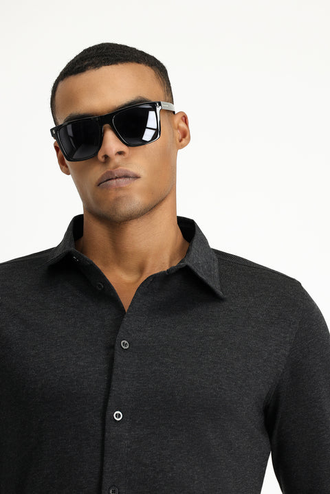 Dark Anthracite Melange Long Sleeve Regular Fit Striped Knitted Cotton Shirt