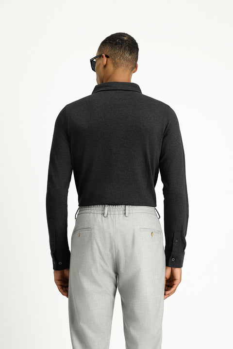 Dark Anthracite Melange Long Sleeve Regular Fit Striped Knitted Cotton Shirt