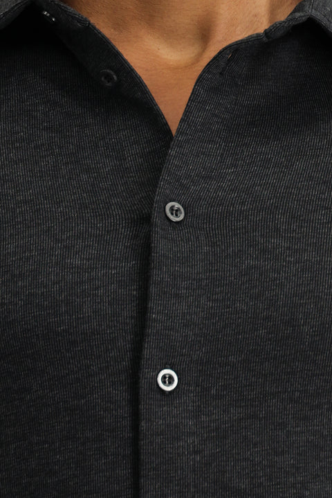 Dark Anthracite Melange Long Sleeve Regular Fit Striped Knitted Cotton Shirt
