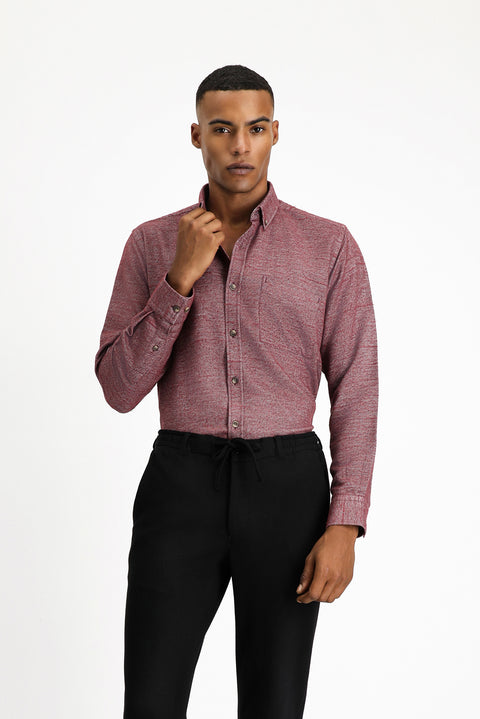 Wine Burgundy Long Sleeve Regular Fit Lumberjack Sport Cotton Button-Down Collar Shirt