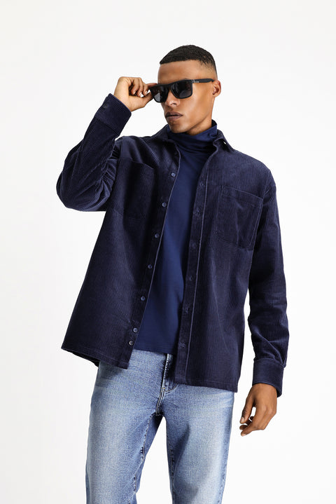 Light Navy Long Sleeve Oversize Cotton Velvet Shirt