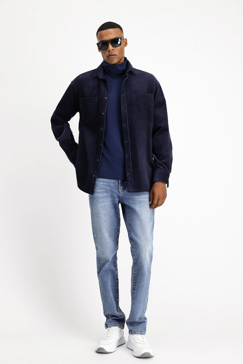 Light Navy Long Sleeve Oversize Cotton Velvet Shirt