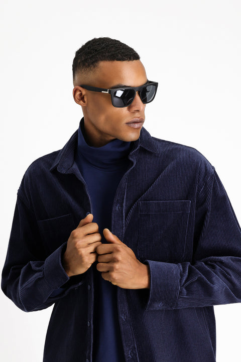 Light Navy Long Sleeve Oversize Cotton Velvet Shirt