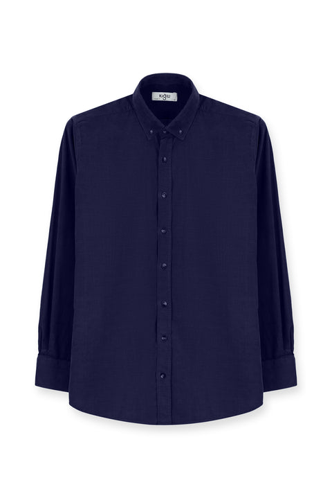 Dark Navy Long Sleeve Regular Fit Sport Button-Down Collar Cotton Velvet Shirt