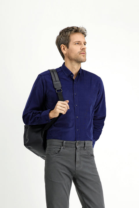 Dark Navy Long Sleeve Regular Fit Sport Button-Down Collar Cotton Velvet Shirt