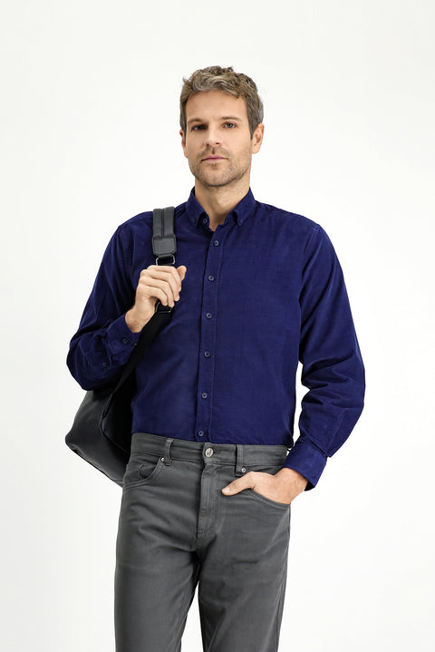 Dark Navy Long Sleeve Regular Fit Sport Button-Down Collar Cotton Velvet Shirt