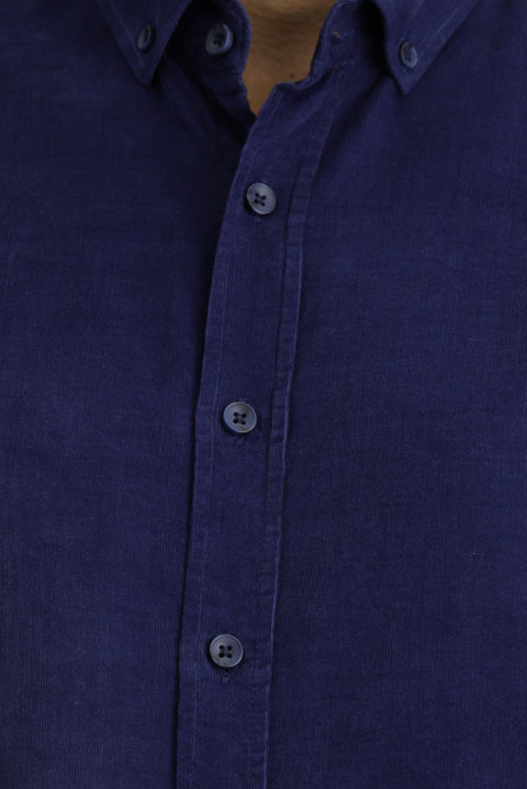 Dark Navy Long Sleeve Regular Fit Sport Button-Down Collar Cotton Velvet Shirt
