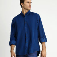 Dark Blue Long Sleeve Regular Fit Sport Button-Down Collar Cotton Velvet Shirt
