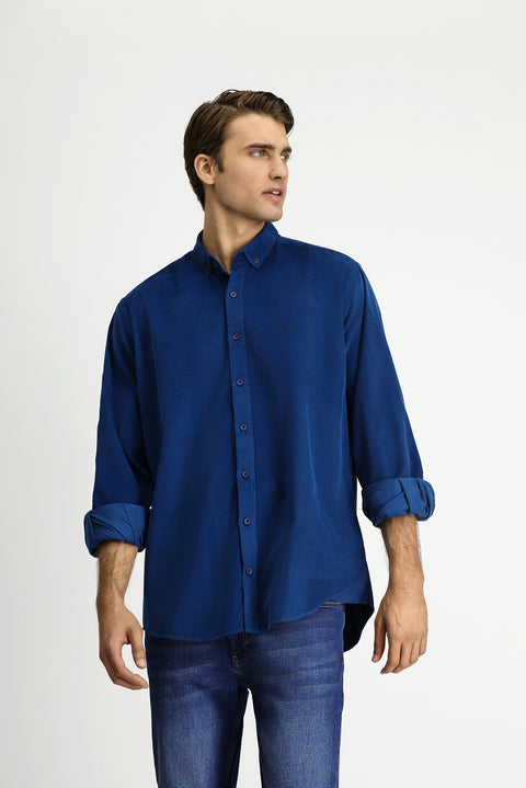 Dark Blue Long Sleeve Regular Fit Sport Button-Down Collar Cotton Velvet Shirt