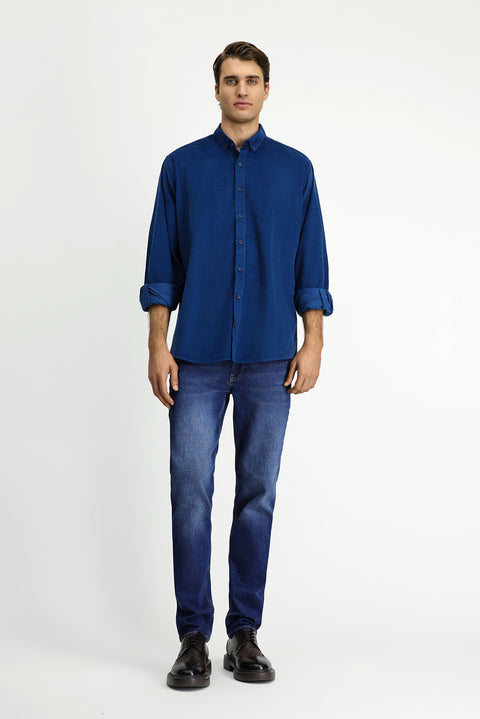 Dark Blue Long Sleeve Regular Fit Sport Button-Down Collar Cotton Velvet Shirt