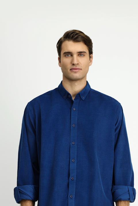 Dark Blue Long Sleeve Regular Fit Sport Button-Down Collar Cotton Velvet Shirt