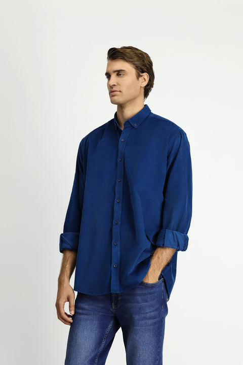 Dark Blue Long Sleeve Regular Fit Sport Button-Down Collar Cotton Velvet Shirt
